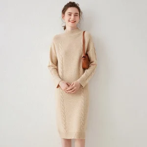 Vestido midi de cable de cable de cachemira para mujer vestido de cuello simulado de manga larga