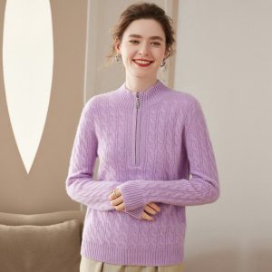 Femenino cable de cable suéter suéter crueldad de cremallera mitad zip up de cachemira