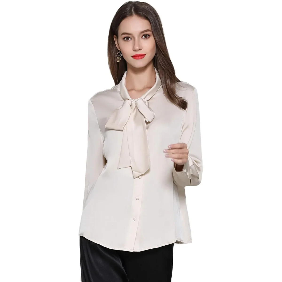Camisa de seda con el cuello del cuello del cuello del lazo del lazo del lazo del tono de seda - Imagen 3