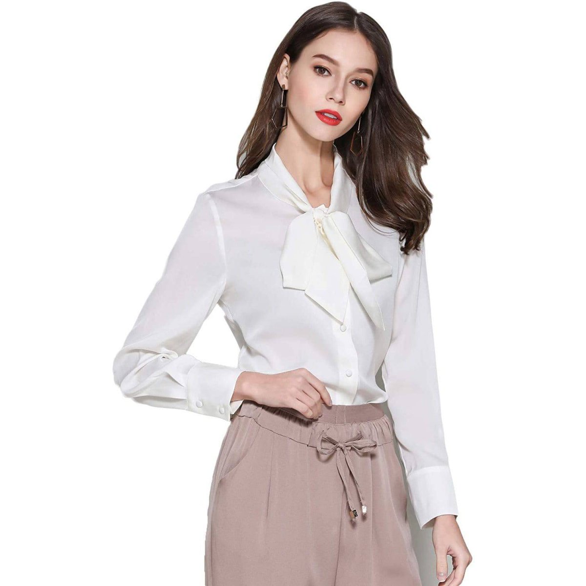 Camisa de seda con el cuello del cuello del cuello del lazo del lazo del lazo del tono de seda - Imagen 5
