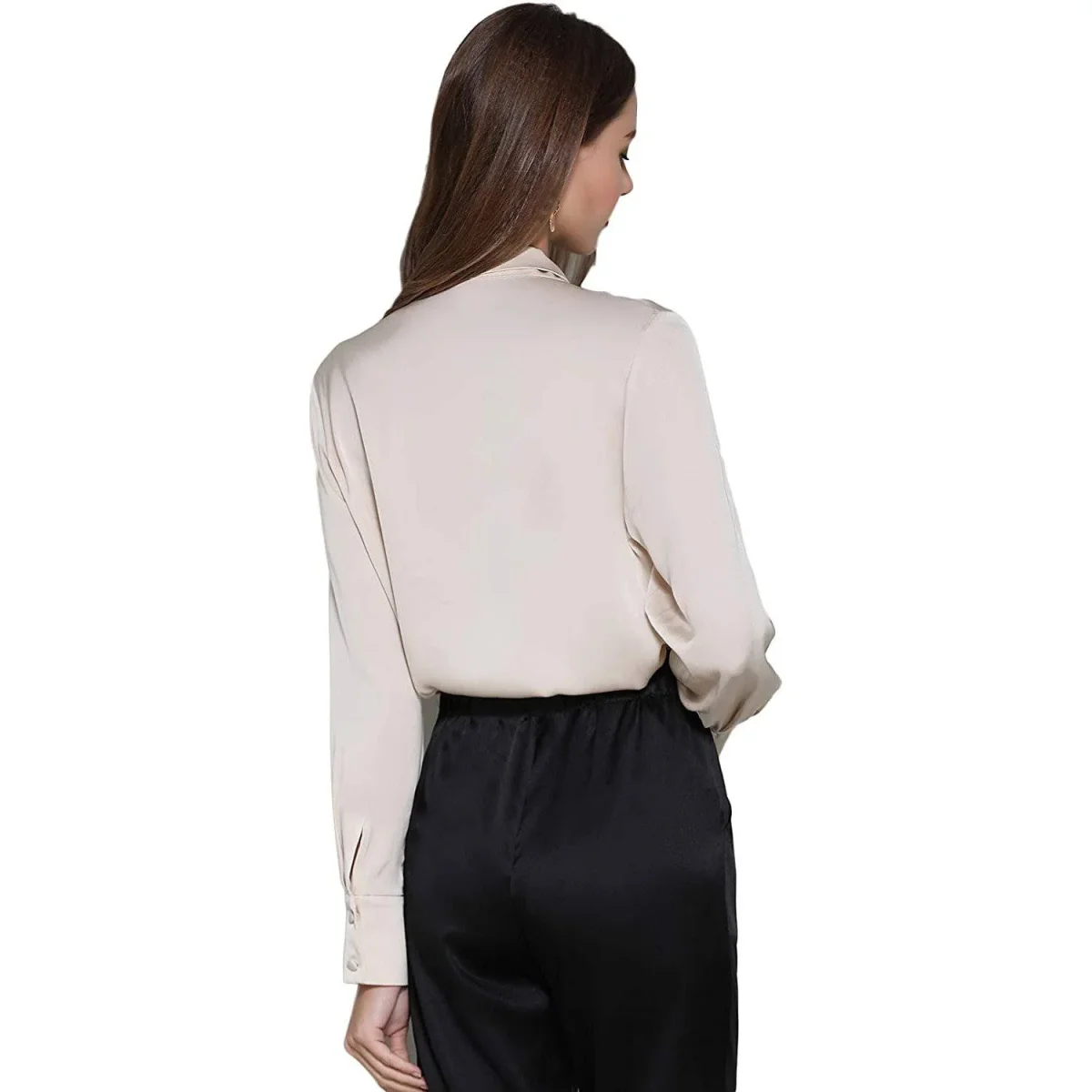 Camisa de seda con el cuello del cuello del cuello del lazo del lazo del lazo del tono de seda - Imagen 4