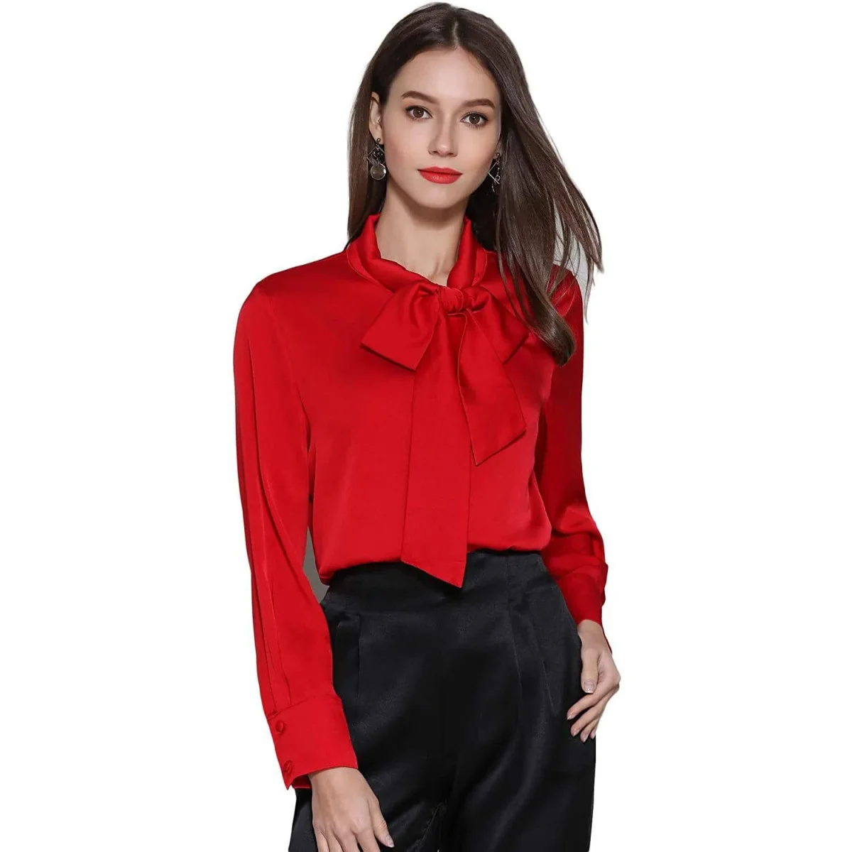 Camisa de seda con el cuello del cuello del cuello del lazo del lazo del lazo del tono de seda - Imagen 7