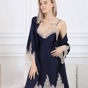 Conjuntos de ropa de dormir de camisón y bata de seda de encaje sexy para mujer