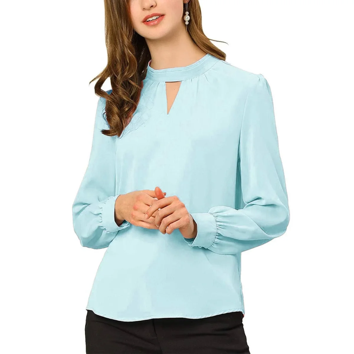 Camisa de seda de la oficina de mujeres con el ojal de la llave elegante collar de collar de manga larga blusas de seda - Imagen 3