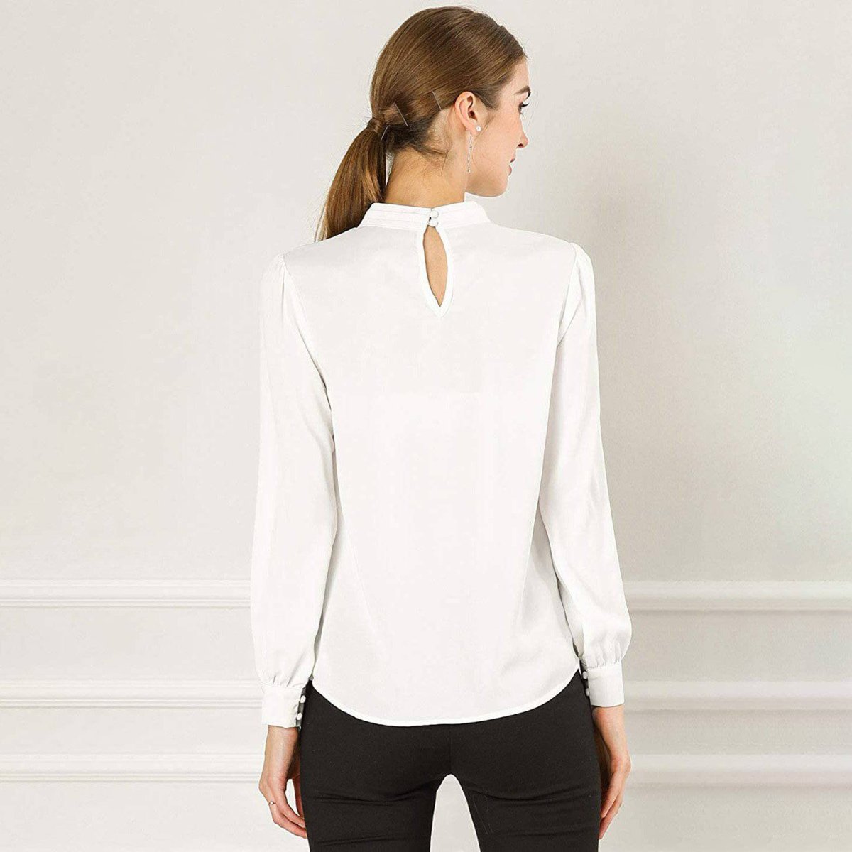 Camisa de seda de la oficina de mujeres con el ojal de la llave elegante collar de collar de manga larga blusas de seda - Imagen 9