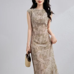 Vestido largo de seda con estampado de cachemira para mujer Vestido largo de seda con manga casquillo