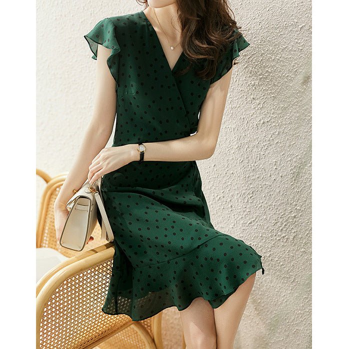 Vestido cruzado de seda con lunares para mujer Vestido midi de seda con cuello en V y mangas con volantes - Imagen 3