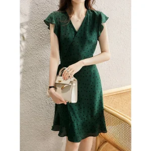 Vestido cruzado de seda con lunares para mujer Vestido midi de seda con cuello en V y mangas con volantes