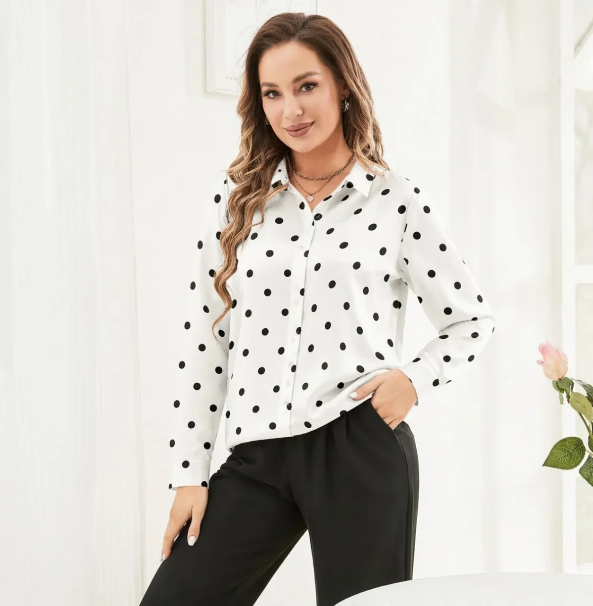 Blusa de seda con lunares para mujer Camisa con botones de seda Blusas de seda