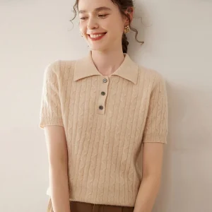Suéter de cachemira con cuello tipo polo para mujer Top de cachemira tejido con ochos de manga corta