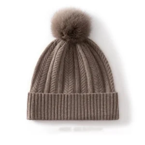 Gorro de cachemira con pompón para mujer Gorro de punto de cachemira con canalé suave Puño plegable