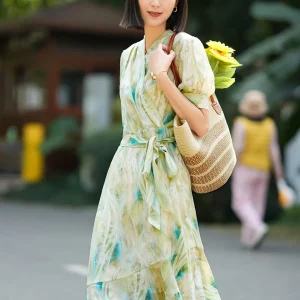 Vestido floral de seda con mangas abullonadas para mujer Vestido midi cruzado de seda con lazo en la cintura