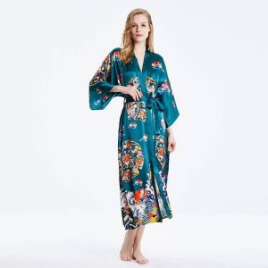 Bata de seda con estampado floral y mangas anchas tipo kimono de seda para mujer