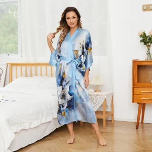 Túnicas de kimono de seda pura para mujer túnicas de seda con estampado floral larga