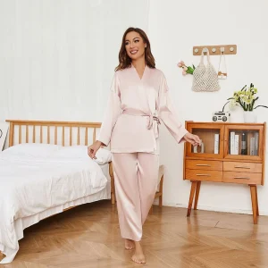 Conjunto de pijama y bata de pura seda para mujer con bolsillos