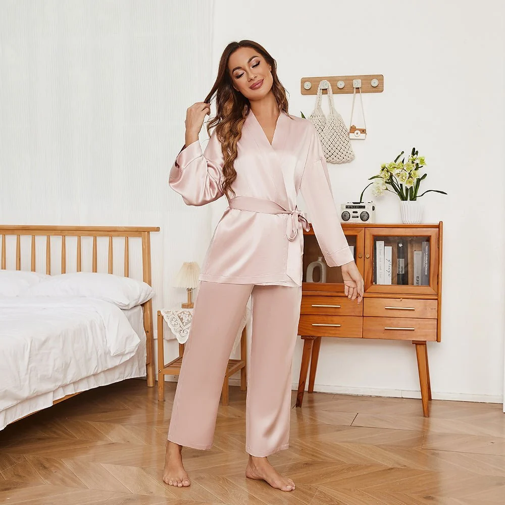 Conjunto de pijama y bata de pura seda para mujer con bolsillos - Imagen 7