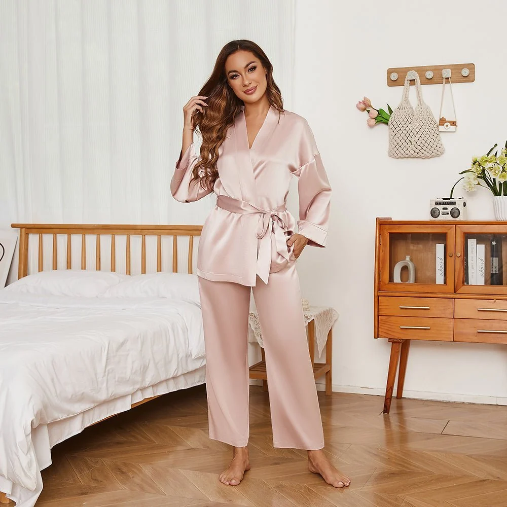 Conjunto de pijama y bata de pura seda para mujer con bolsillos - Imagen 3