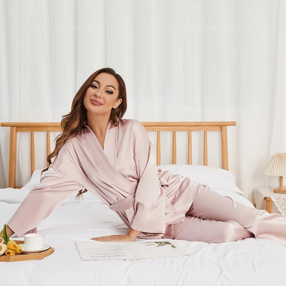 Conjunto de pijama y bata de pura seda para mujer con bolsillos - Imagen 5