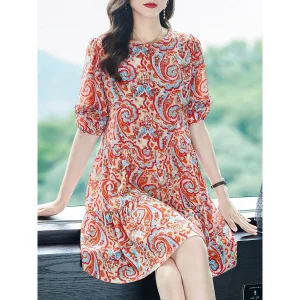 Vestido de seda retro para mujer con vestido corto de seda con estampado de cachemira rojo