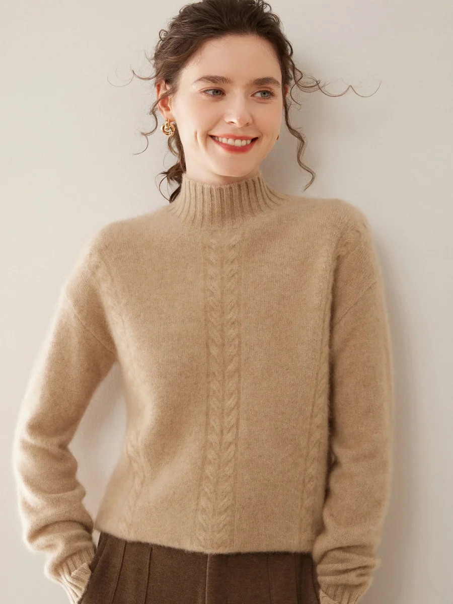 Womens Ribbed Mock Neck Cashmere Sweater Cable Knit Cashmere Pullover - Imagen 3