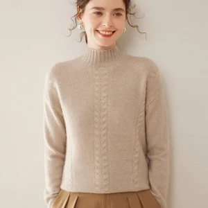 Womens Ribbed Mock Neck Cashmere Sweater Cable Knit Cashmere Pullover