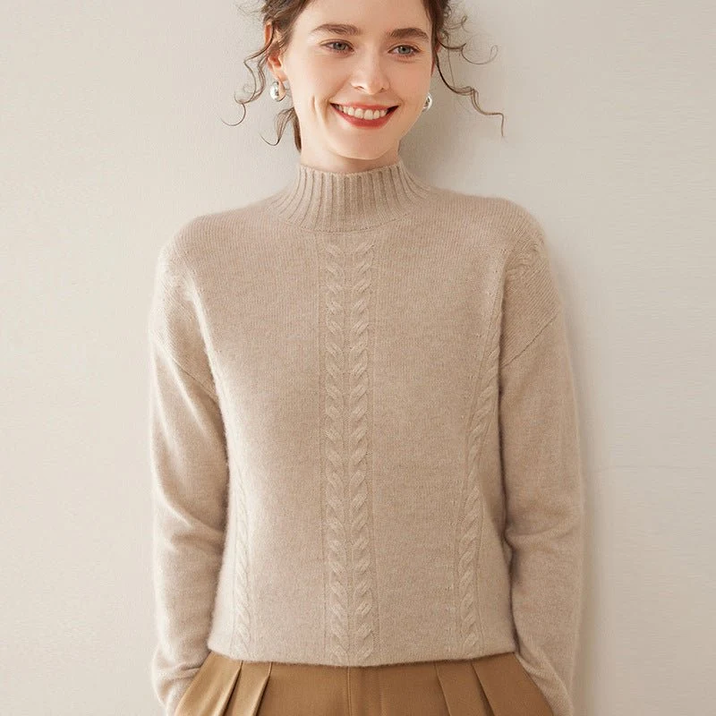 Womens Ribbed Mock Neck Cashmere Sweater Cable Knit Cashmere Pullover