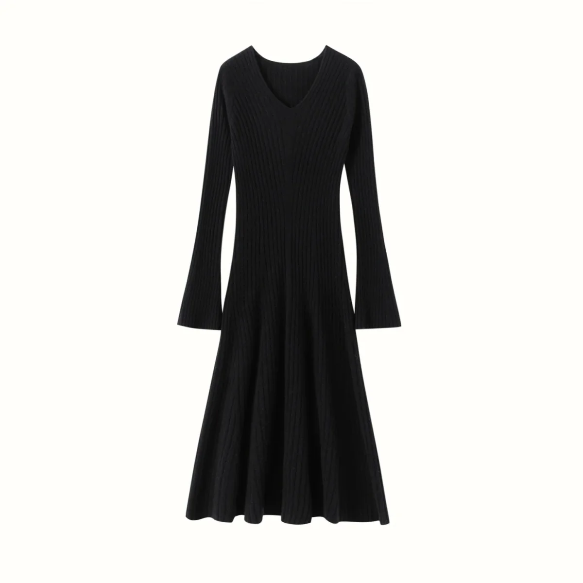 Vestido midi de cachemir con cuello en V acanalado y mangas acampanadas para mujer - Imagen 8