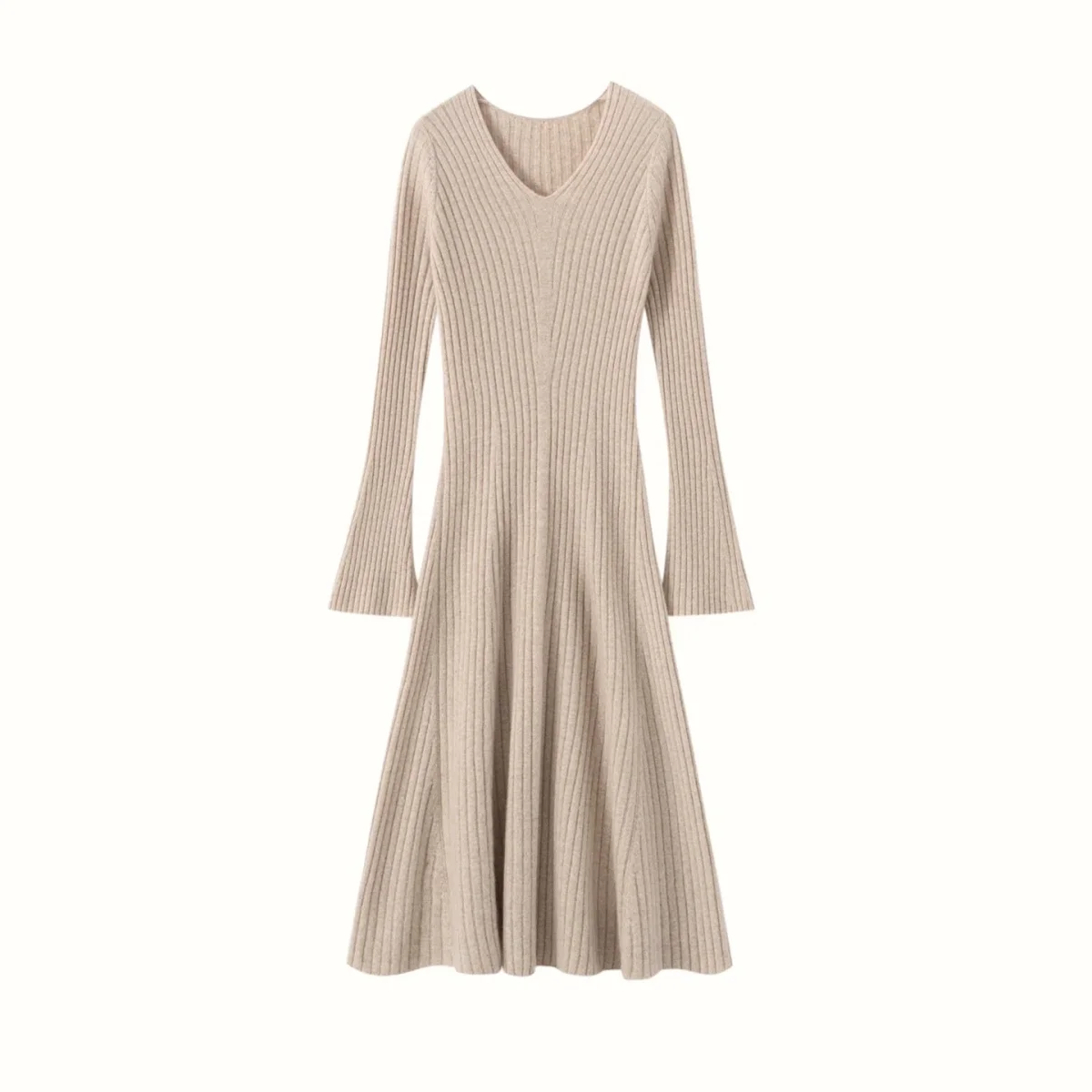 Vestido midi de cachemir con cuello en V acanalado y mangas acampanadas para mujer - Imagen 4