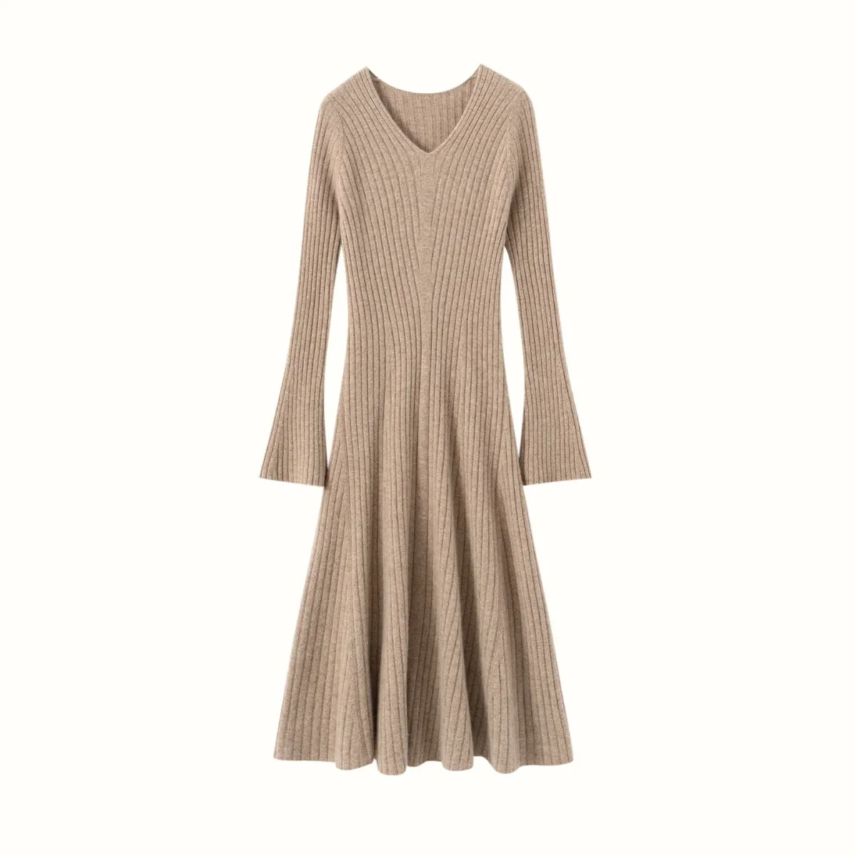 Vestido midi de cachemir con cuello en V acanalado y mangas acampanadas para mujer - Imagen 6