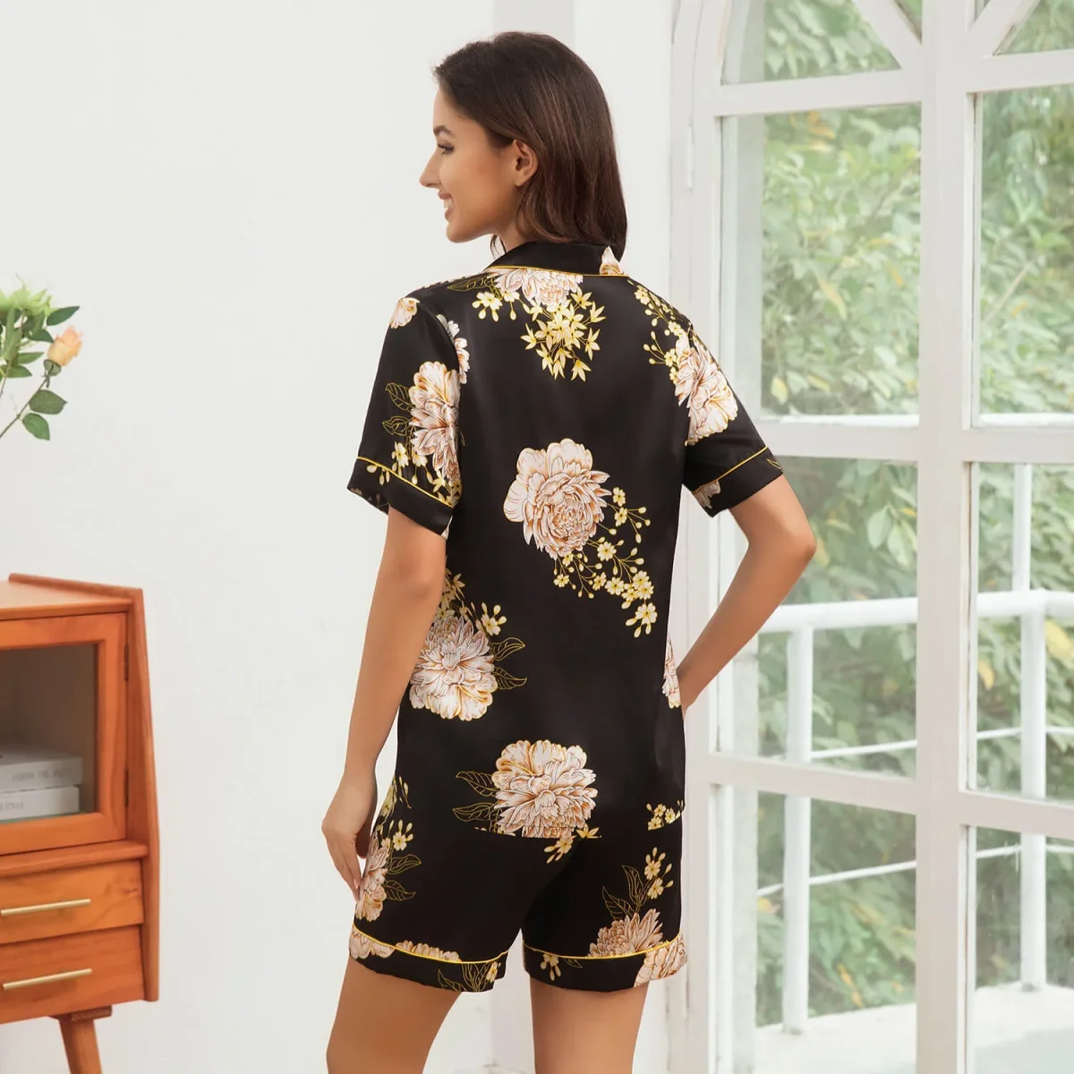 Conjunto de pijama de seda con estampado floral para mujer Pijamas con ribetes en contraste - Imagen 5