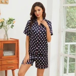 Conjunto de pijama corto de seda con estampado de lunares para mujer
