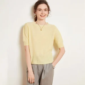 Suéter de cachemira de manga corta para mujer Jersey de punto de cachemira con cuello redondo