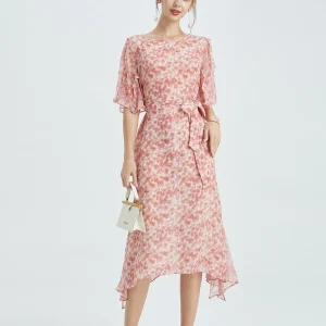 Vestido midi de gasa de seda para mujer, mangas con volantes, vestido de seda floral, lazo en la cintura