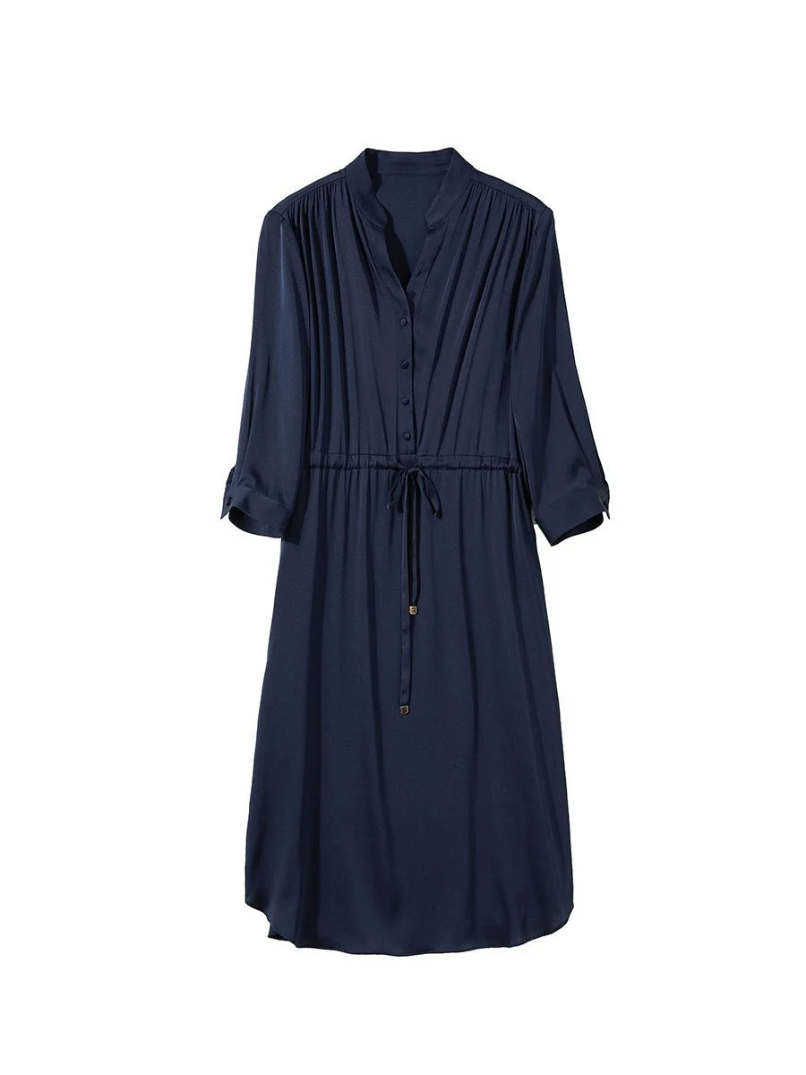Vestido de seda para mujer Vestido camisero de seda de manga larga con cordón en la cintura - Imagen 3