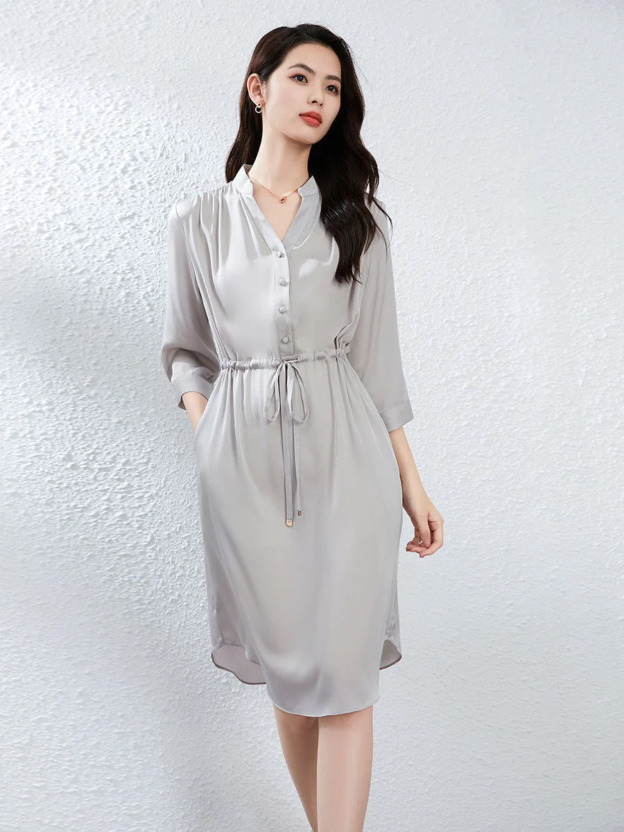 Vestido de seda para mujer Vestido camisero de seda de manga larga con cordón en la cintura - Imagen 5