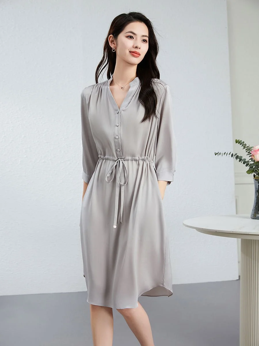 Vestido de seda para mujer Vestido camisero de seda de manga larga con cordón en la cintura - Imagen 4