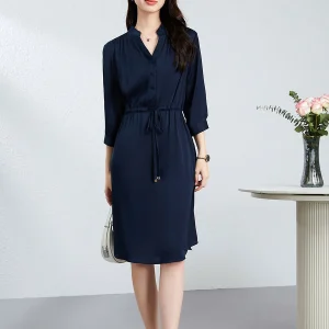 Vestido de seda para mujer Vestido camisero de seda de manga larga con cordón en la cintura