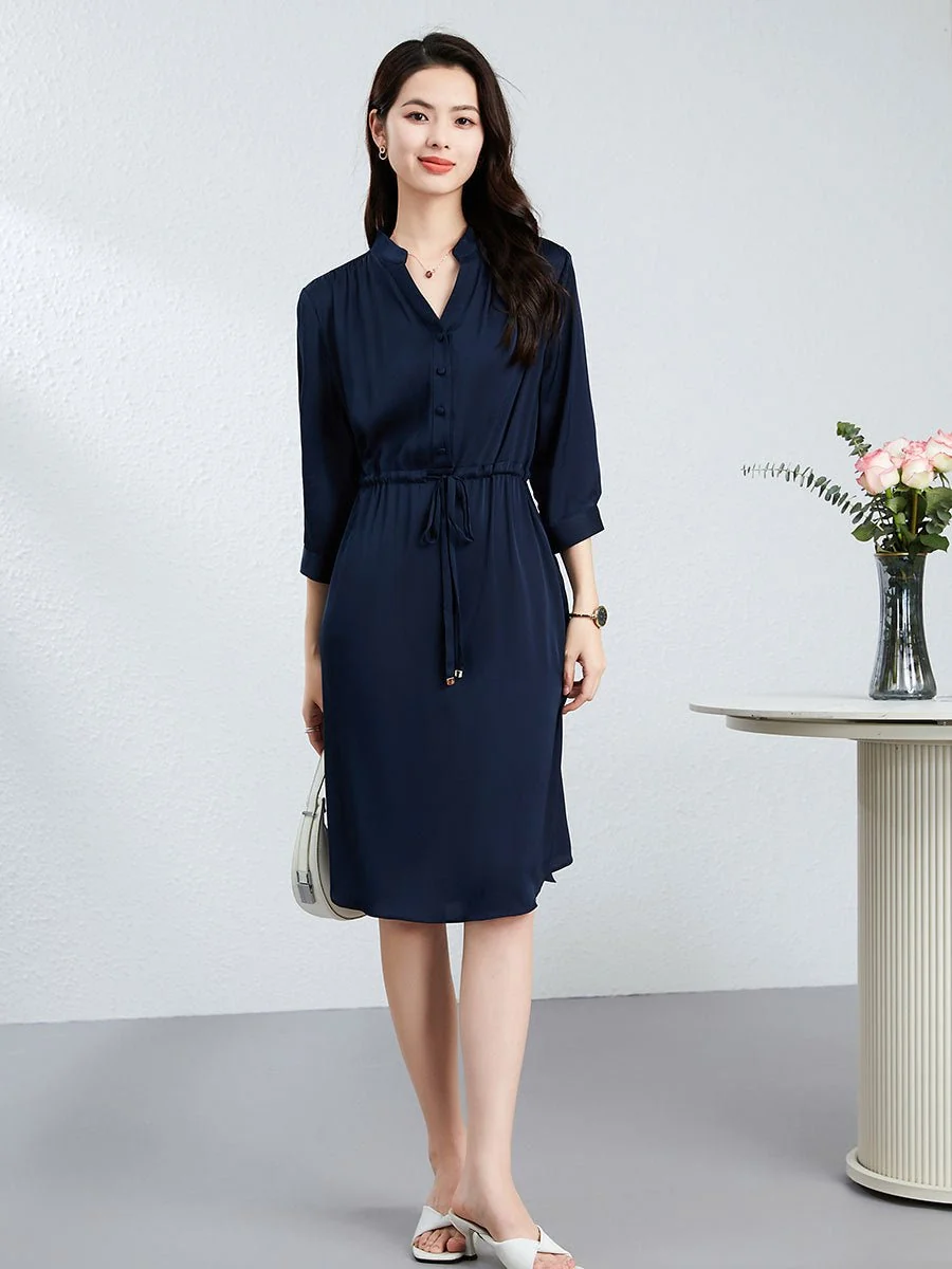 Vestido de seda para mujer Vestido camisero de seda de manga larga con cordón en la cintura