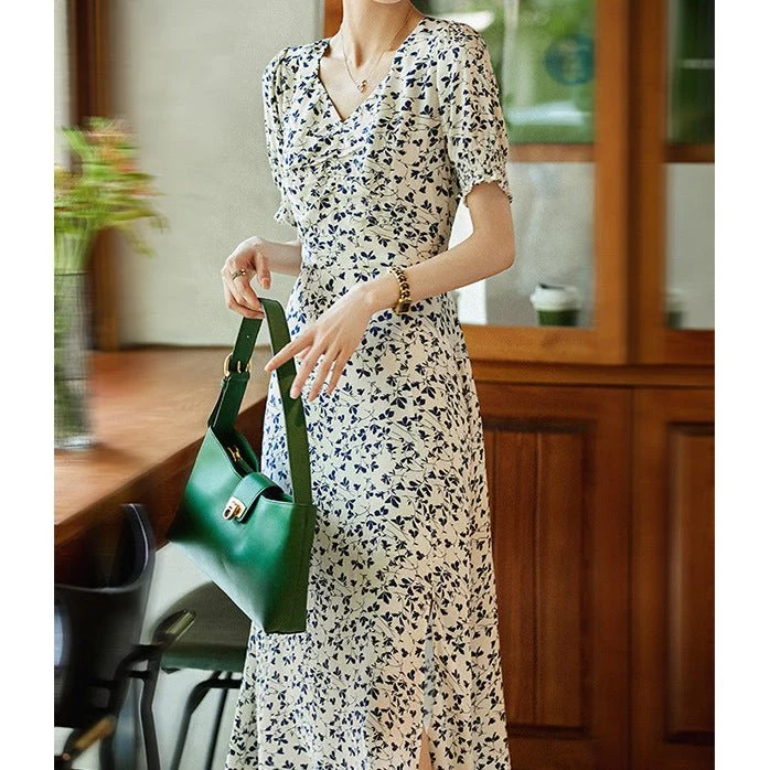 Vestido floral de seda para mujer Vestido midi de seda Vestido de verano fruncido con cuello en V - Imagen 4