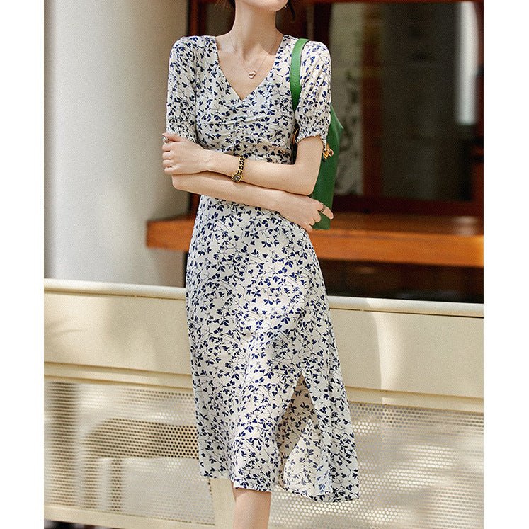 Vestido floral de seda para mujer Vestido midi de seda Vestido de verano fruncido con cuello en V - Imagen 2