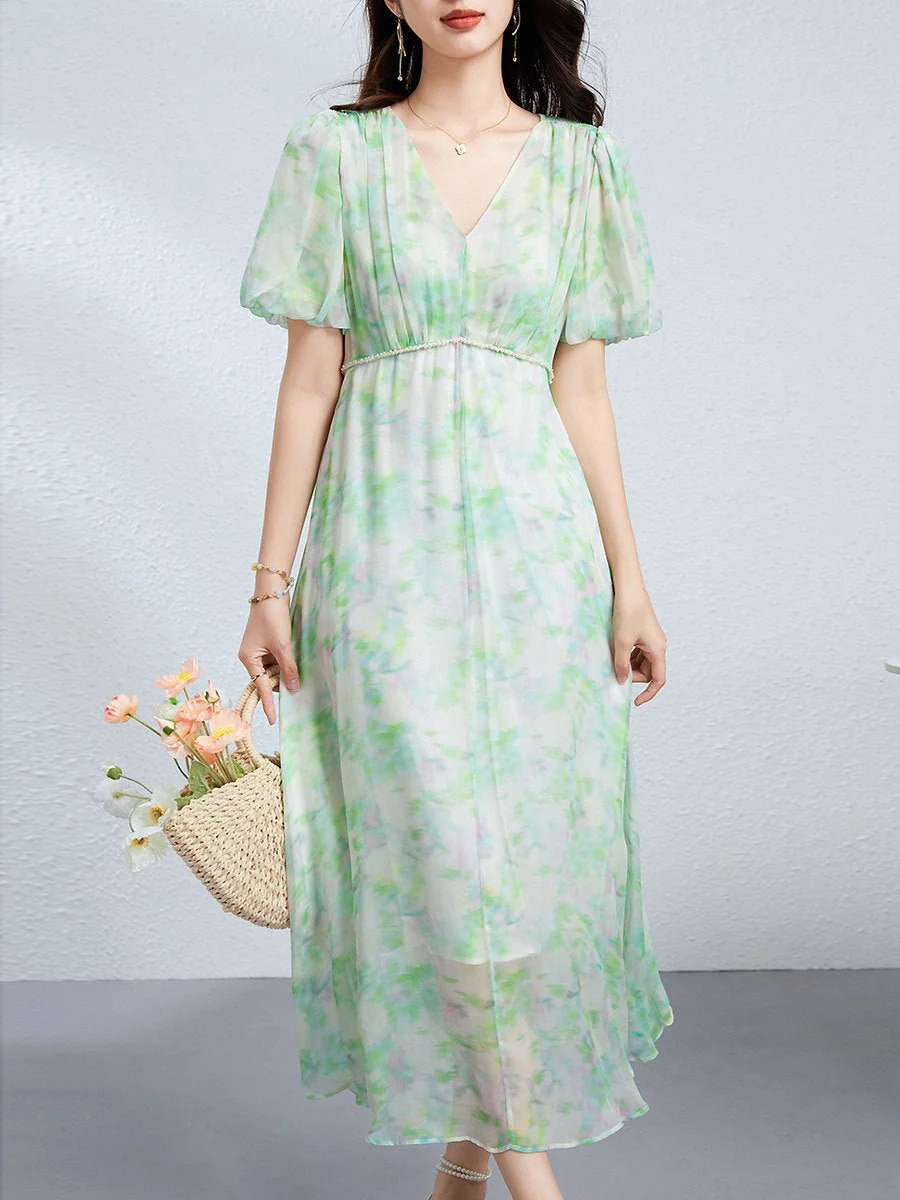 Vestido floral de seda para mujer Vestido midi de seda con cuello en V Falda fluida de manga corta - Imagen 4
