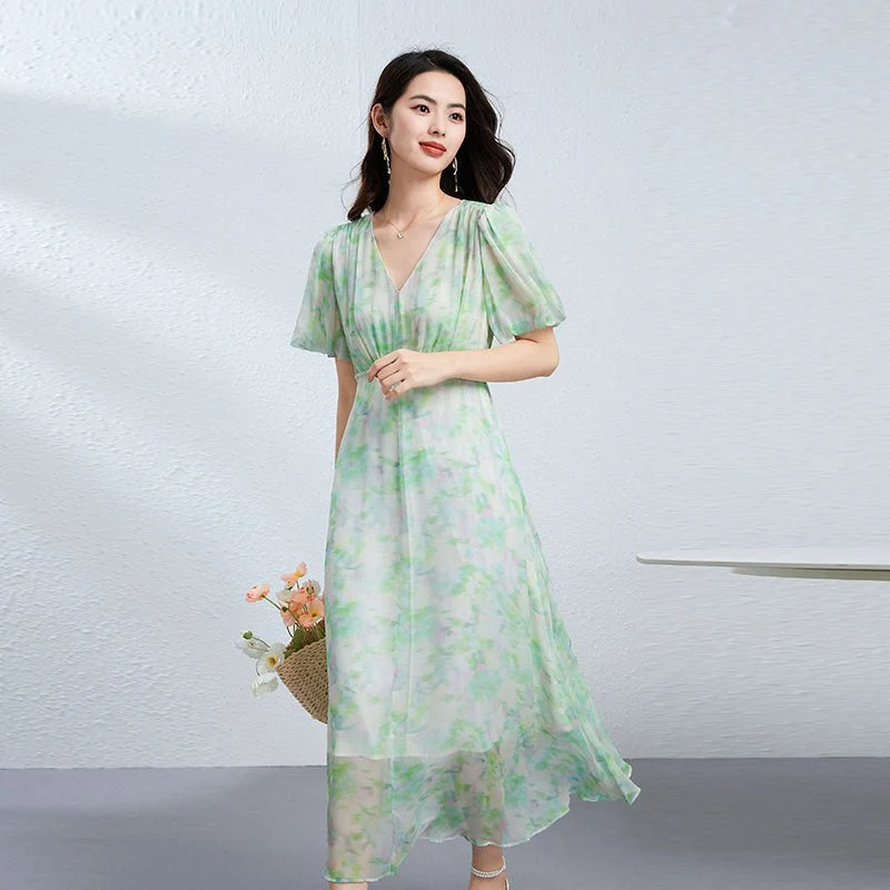 Vestido floral de seda para mujer Vestido midi de seda con cuello en V Falda fluida de manga corta - Imagen 3