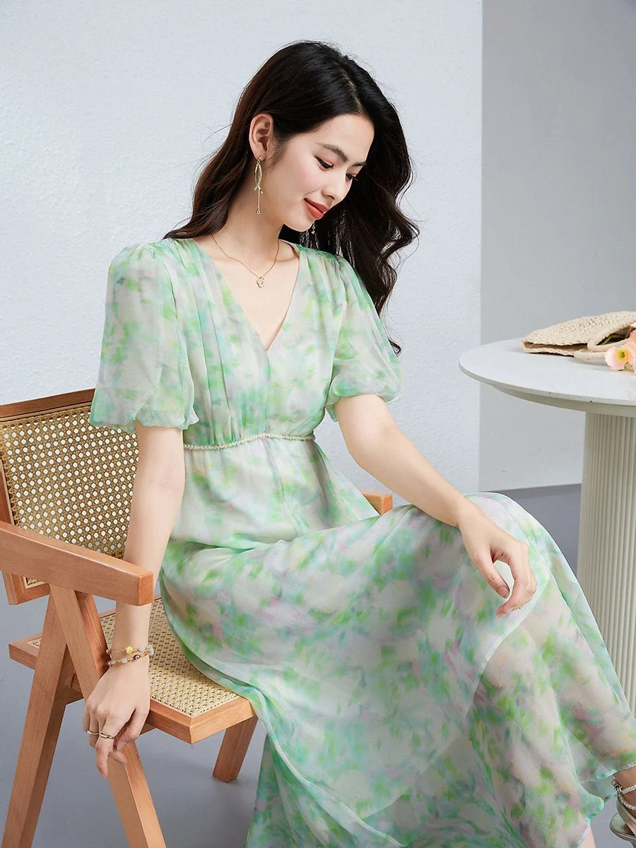 Vestido floral de seda para mujer Vestido midi de seda con cuello en V Falda fluida de manga corta - Imagen 5