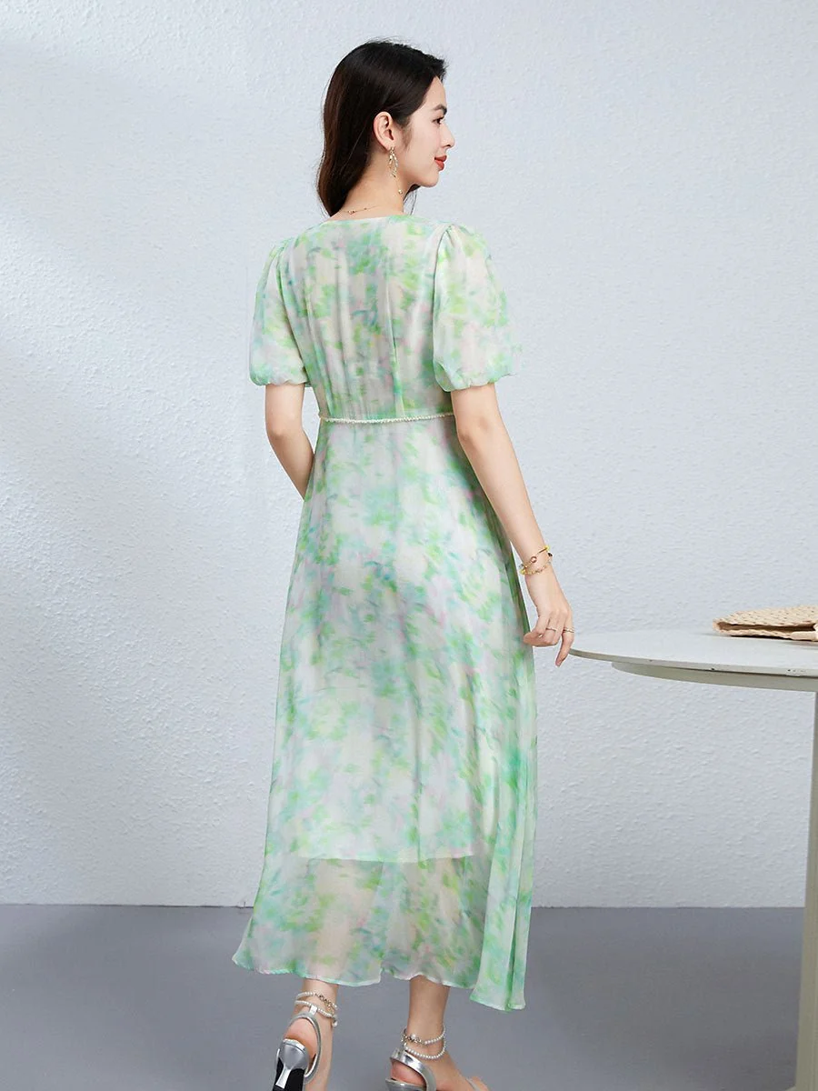 Vestido floral de seda para mujer Vestido midi de seda con cuello en V Falda fluida de manga corta - Imagen 6