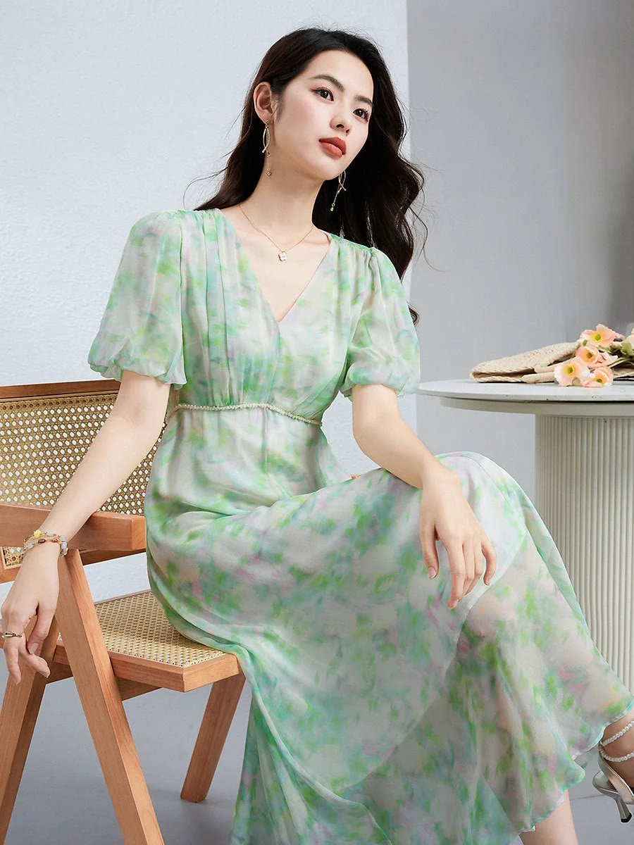 Vestido floral de seda para mujer Vestido midi de seda con cuello en V Falda fluida de manga corta