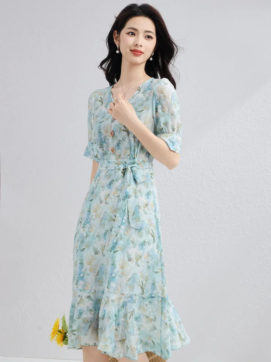Vestido floral de seda para mujer con lazo en la cintura y manga abullonada vestido midi de seda - Imagen 3