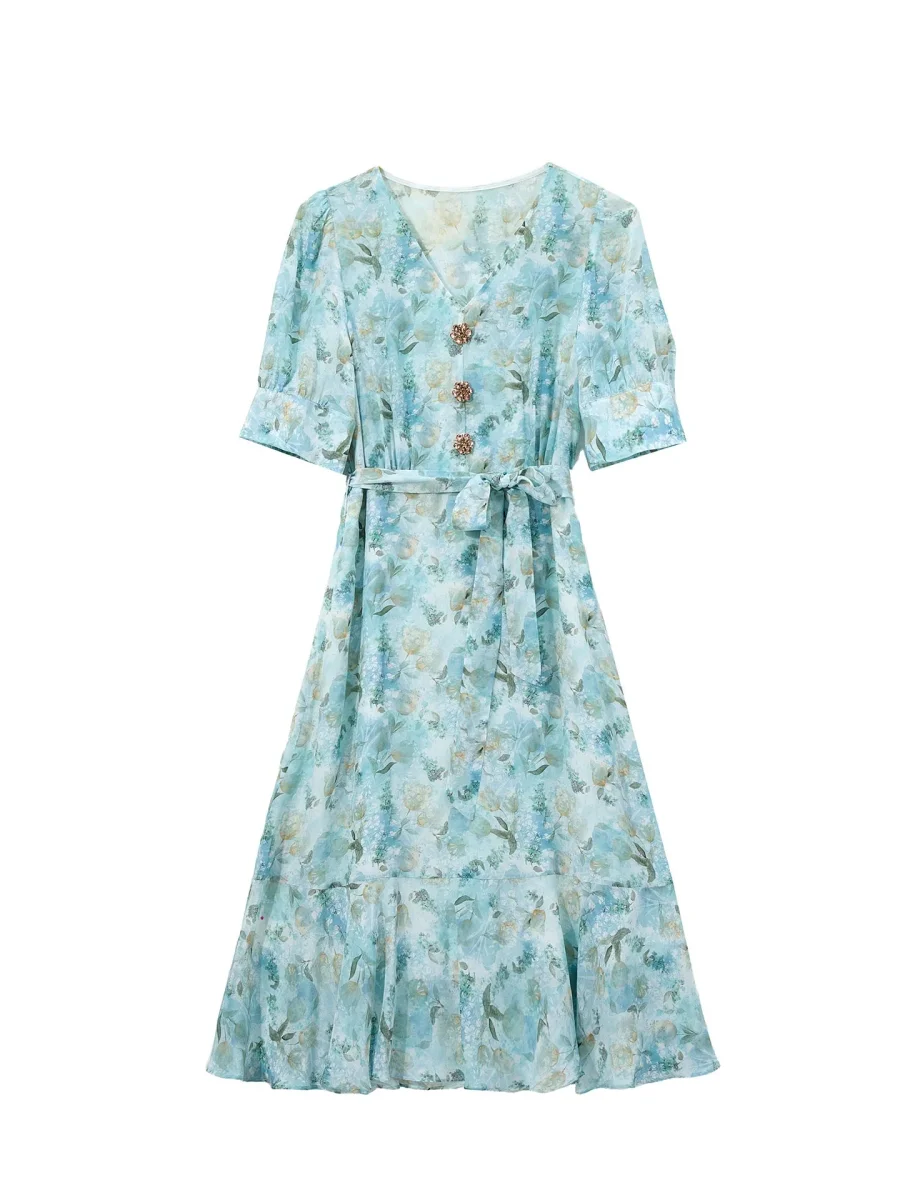 Vestido floral de seda para mujer con lazo en la cintura y manga abullonada vestido midi de seda - Imagen 5