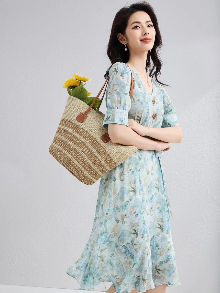 Vestido floral de seda para mujer con lazo en la cintura y manga abullonada vestido midi de seda - Imagen 4