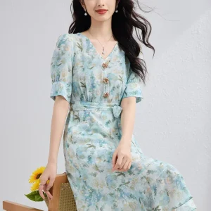 Vestido floral de seda para mujer con lazo en la cintura y manga abullonada vestido midi de seda