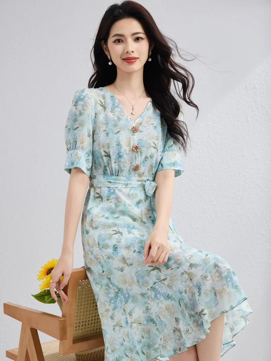 Vestido floral de seda para mujer con lazo en la cintura y manga abullonada vestido midi de seda - Imagen 2